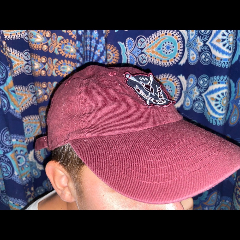 burgundy cap